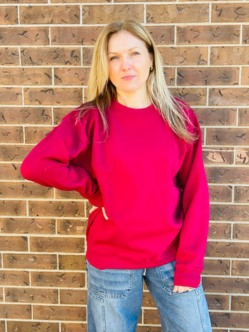 Fleece Round Neck Pullover - Cabernet