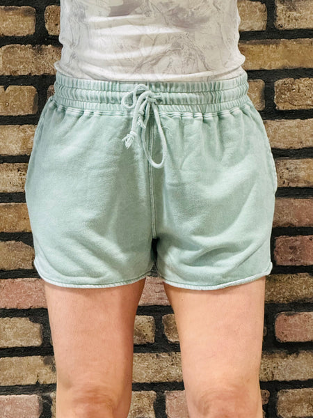 Acid Washed Elastic Waist Shorts - Sage Green