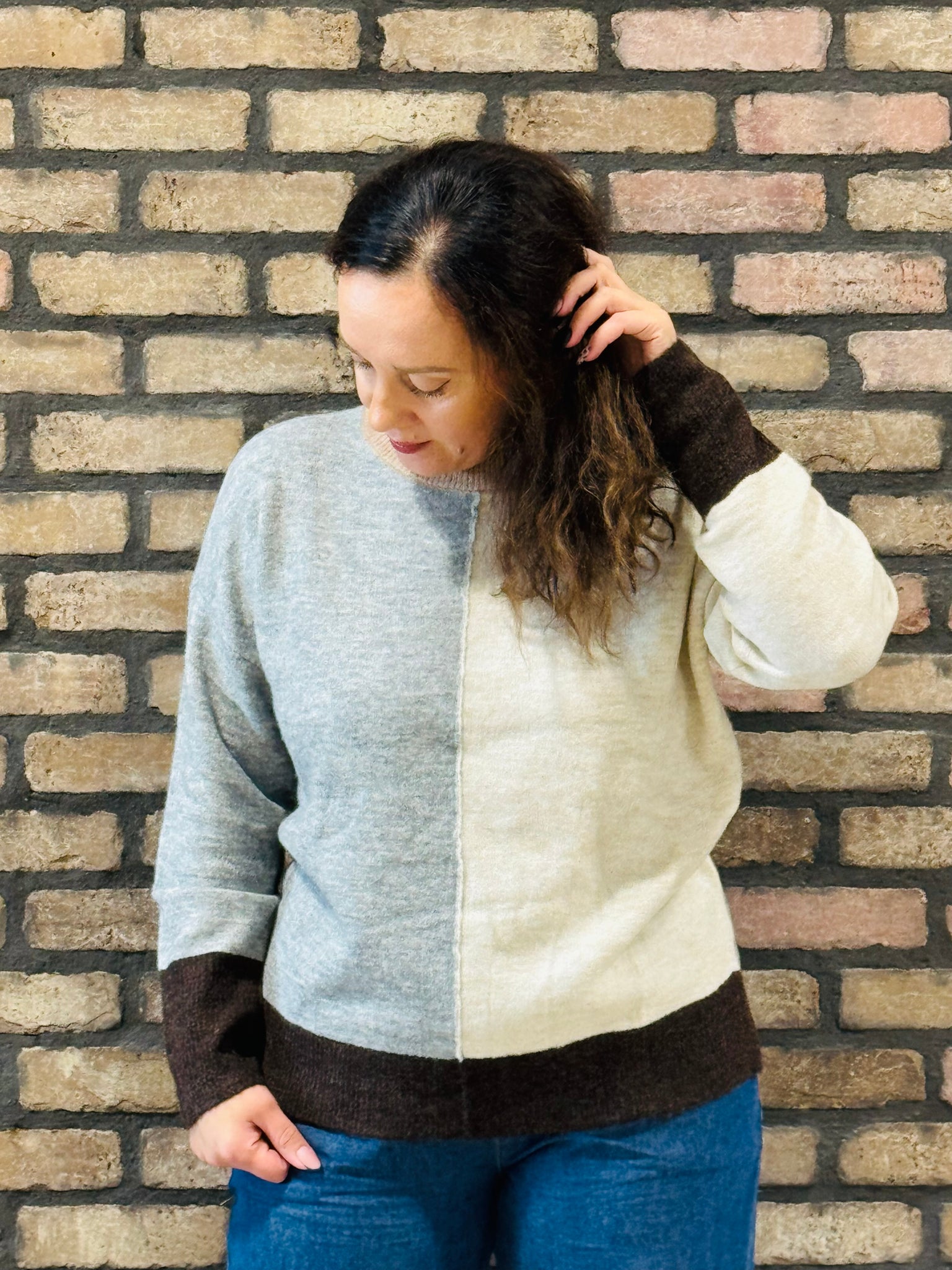 Colourblock Front Seam Sweater - Grey Multi