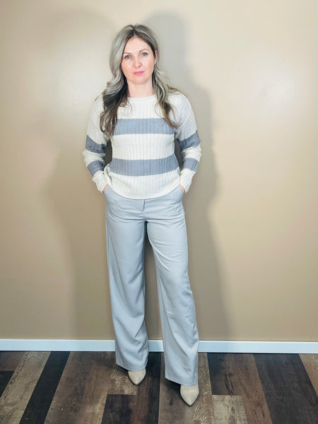 Round Neck Striped Sweater - Cream/Grey
