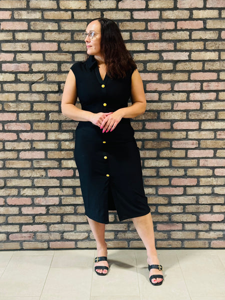 Button Shirt Midi Dress - Black