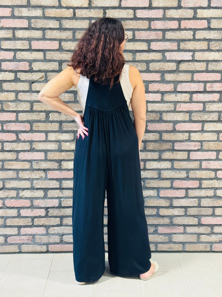 Woven Rayon Crepe Overalls - Black