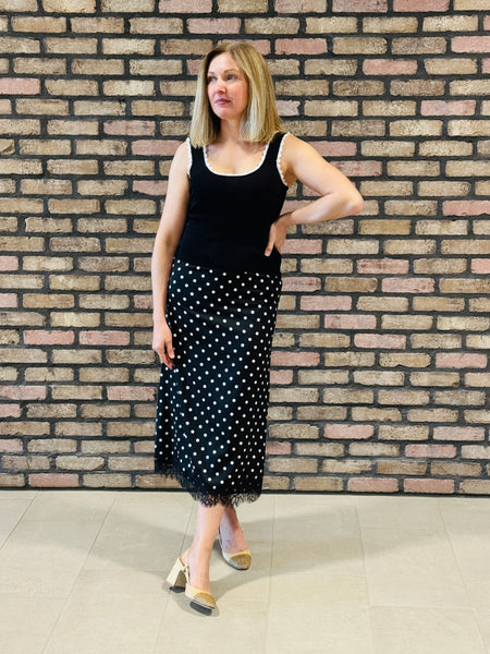 Polka Dot Lace Trim Satin Skirt - Black