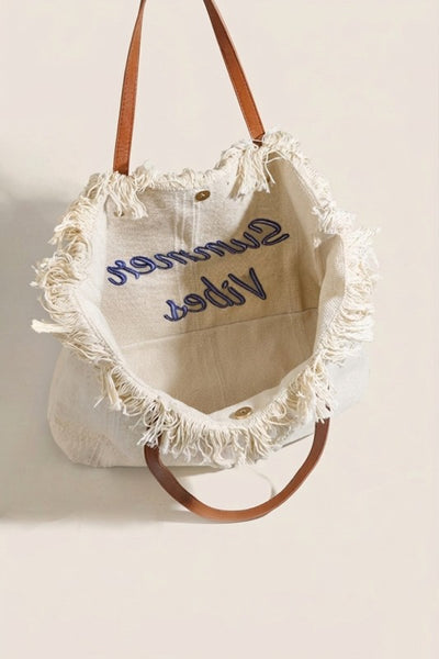 Summer Vibe fringe canvas tote bag - ivory