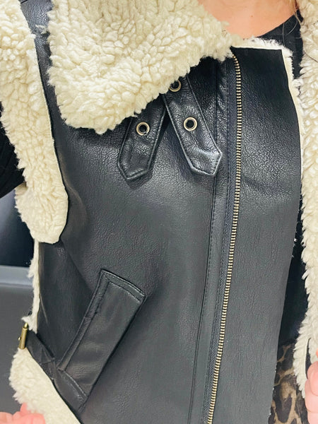 Faux Leather Shearling Vest - Black