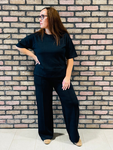 Side Slits Soft Scuba Top - Black