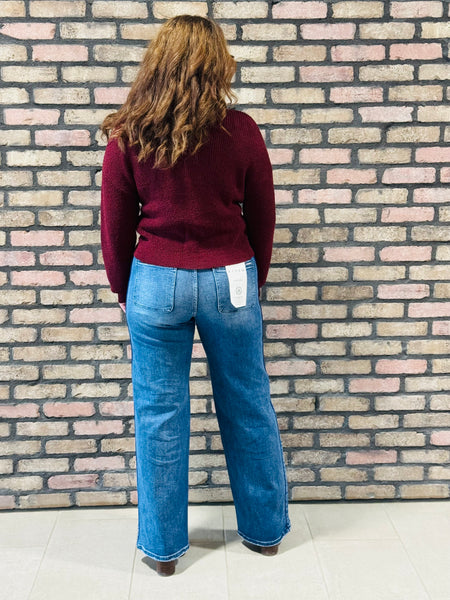 Pointelle V-Stitch Sweater - Oxblood