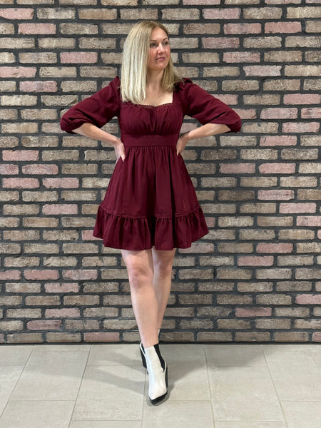 Lace Trim Square Neck Dress - Burgundy