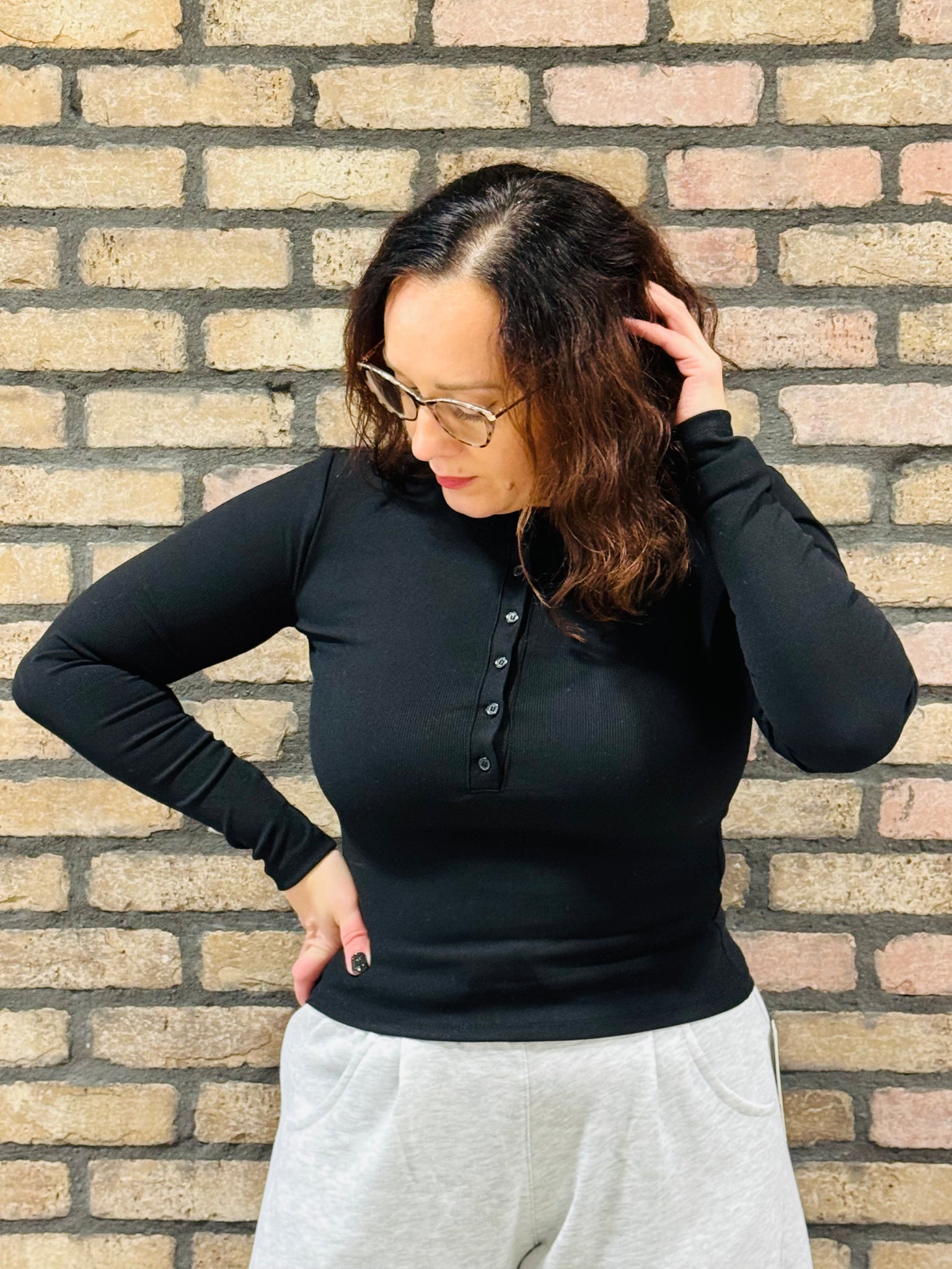 Ribbed Henley Top - Black