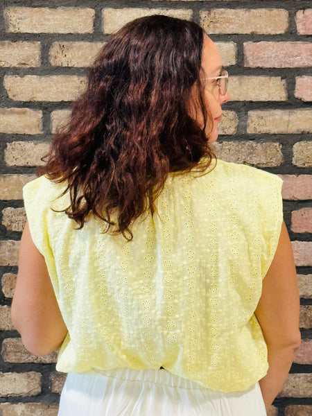 Bubble Hem Cotton Eyelet Top - Pale Yellow
