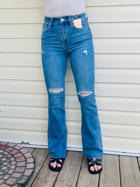 Distressed Flare Jeans - Medium Wash