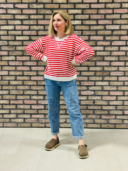 Textured Striped Pullover - Ruby