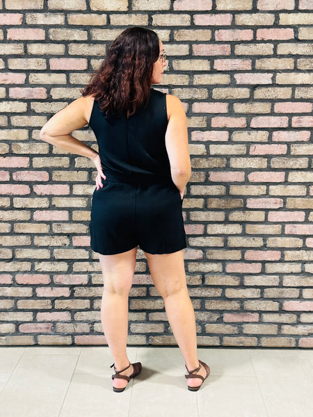Drawstring Waist Scuba Romper - Black