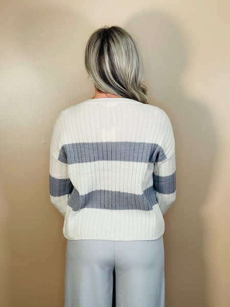 Round Neck Striped Sweater - Cream/Grey