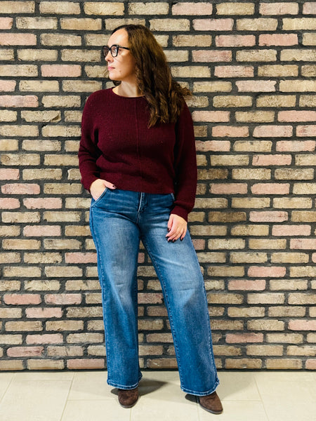 Pointelle V-Stitch Sweater - Oxblood