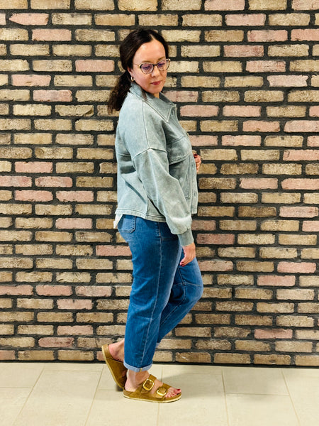 Acid Wash Fleece Shacket - Ash Jade