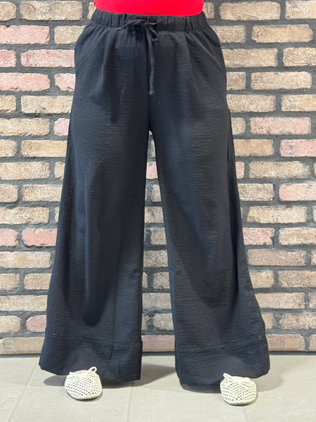 Linen Effect Palazzo Pants - Black