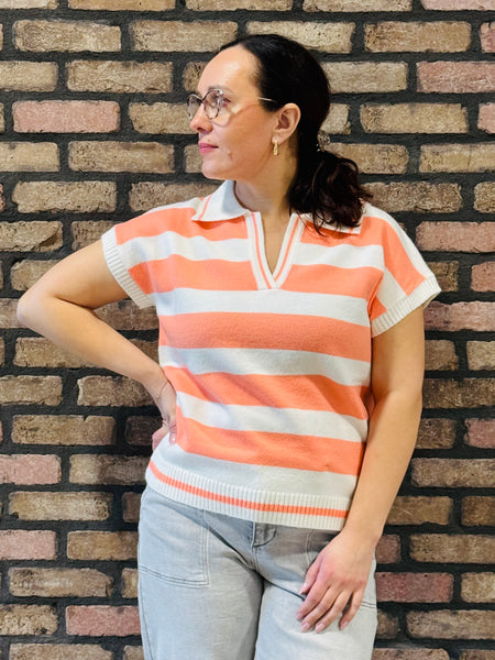 Striped Collared Pullover - Coral