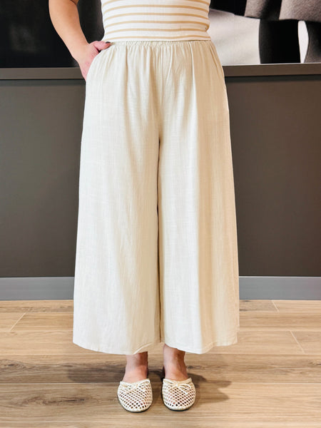 Wide Linen Blend Pants - Sand Beige