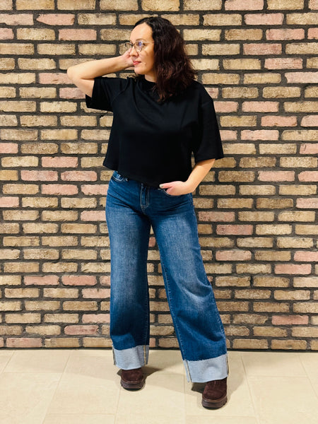 Cuffed Wide Leg Jeans - Dark Wash
