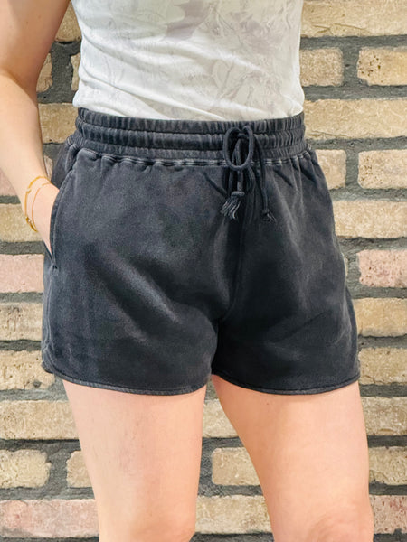 Acid Washed Elastic Waist Shorts - Black