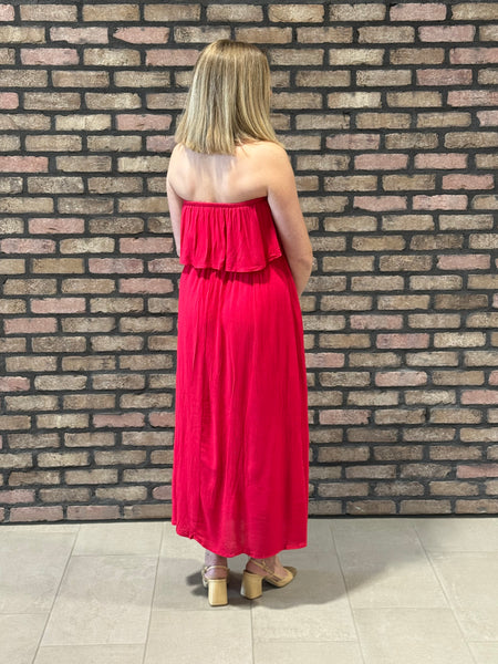 Crinkle Strapless Maxi Dress - Ruby