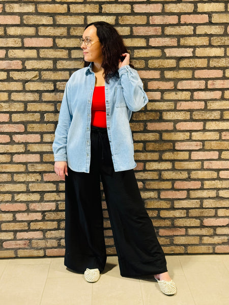 Linen Effect Palazzo Pants - Black