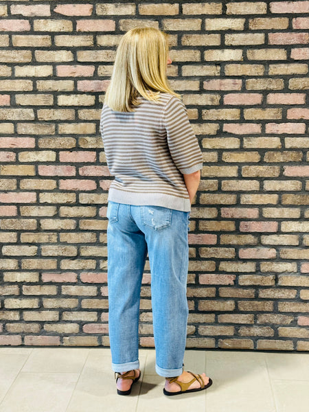 Striped Half Sleeve Sweater - Light Grey