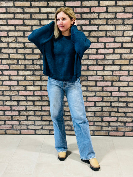 Oversized Balloon Sleeves Sweater - Teal Navy