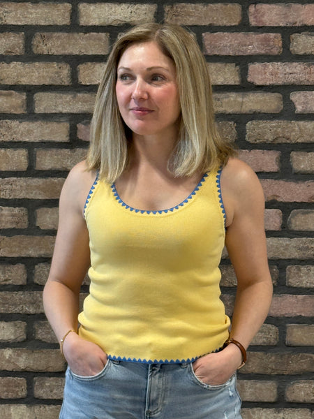 Sleeveless Embroidered Sweater Top - Yellow/Deep Blue