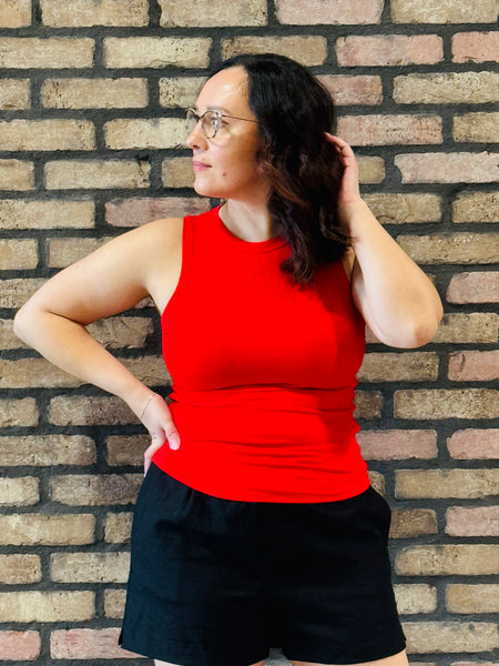 Ribbed Crewneck Tank Top - Red