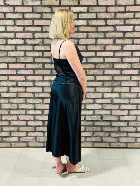 Satin Cowl Neck Midi Dress - Black
