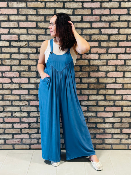 Woven Rayon Crepe Overalls - Dusty Blue