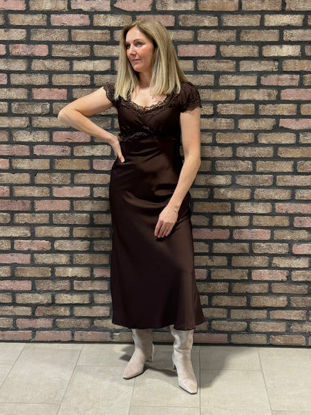 Satin Lace Trim Midi Dress - Chocolate