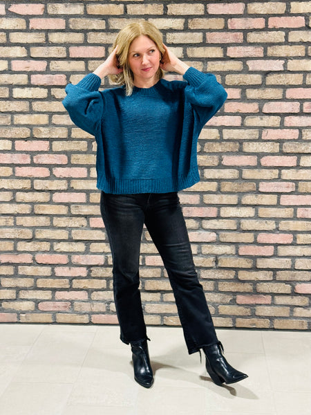 Oversized Balloon Sleeves Sweater - Teal Navy