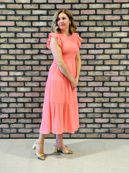 Smocked Tiered Dress - Coral