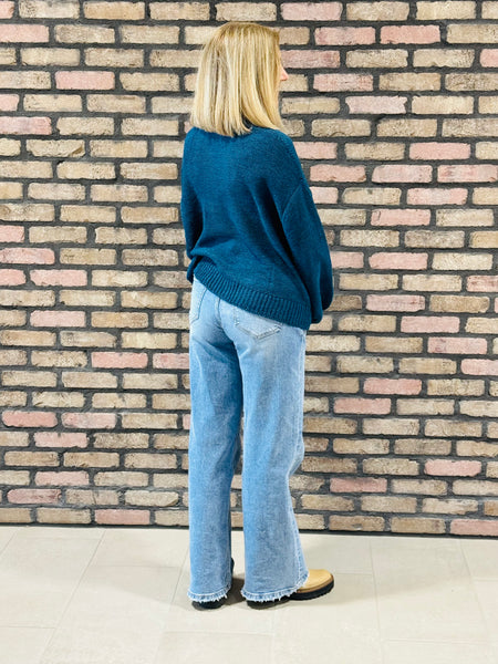 Oversized Balloon Sleeves Sweater - Teal Navy