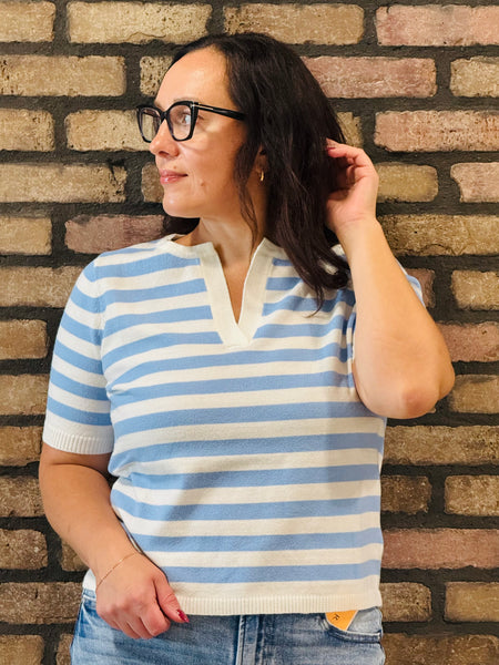 Split Neck Striped Pullover - Cornflower Blue