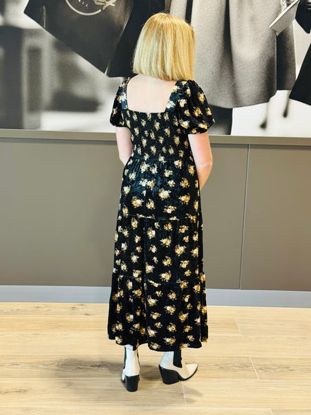 Floral Velvet Midi Dress - Black Multi