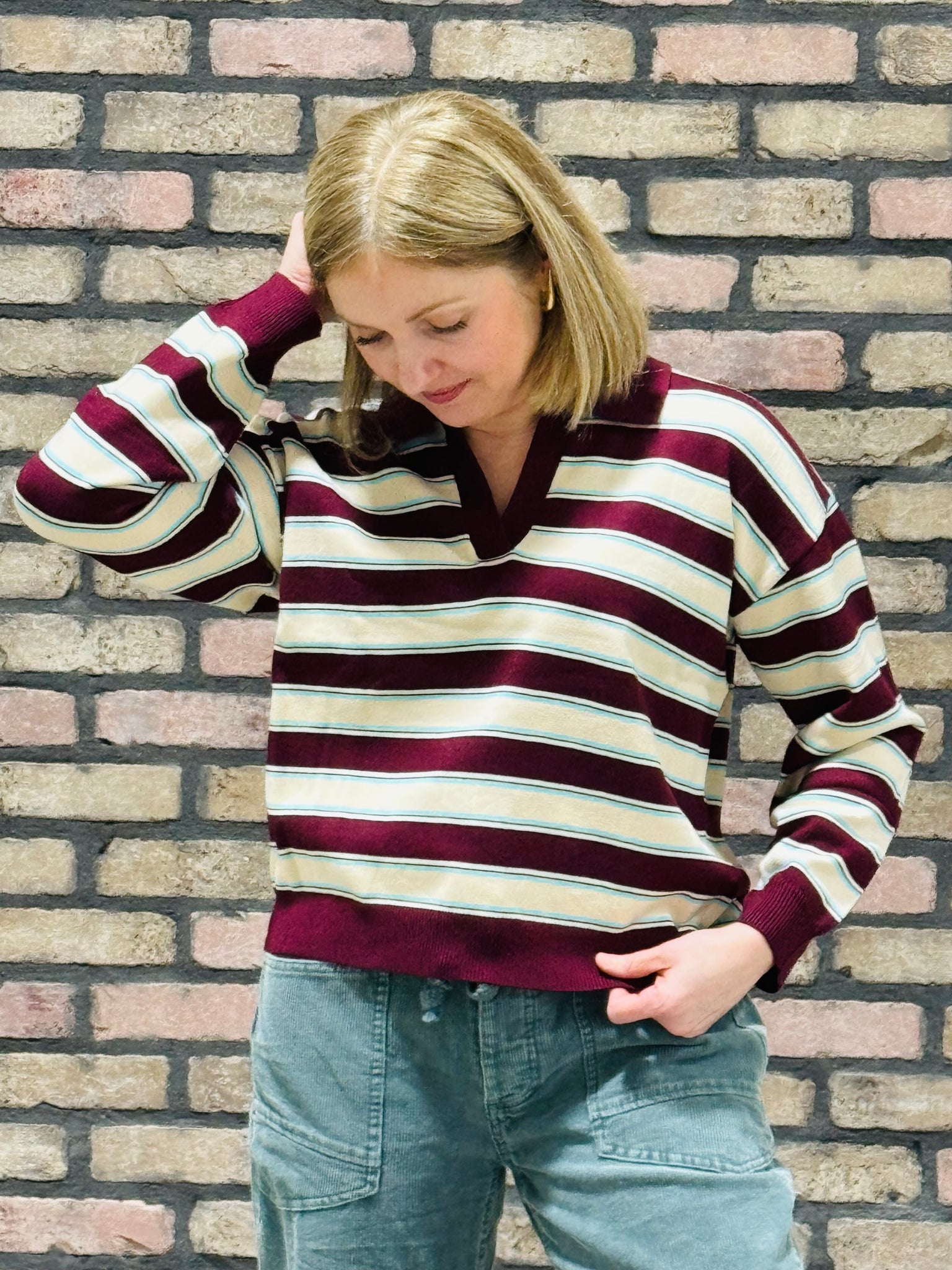 Multi Stripe Polo Sweater - Maroon/Mint