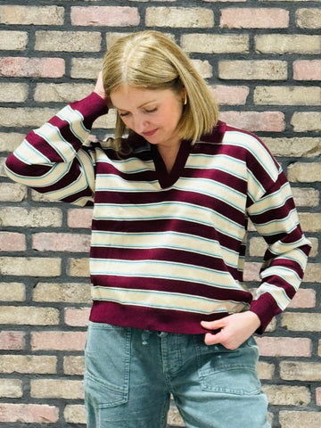 Multi Stripe Polo Sweater - Maroon/Mint