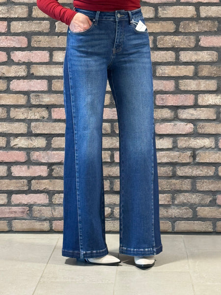 Wide Leg Contrast Side Panel Jeans - Dark Wash