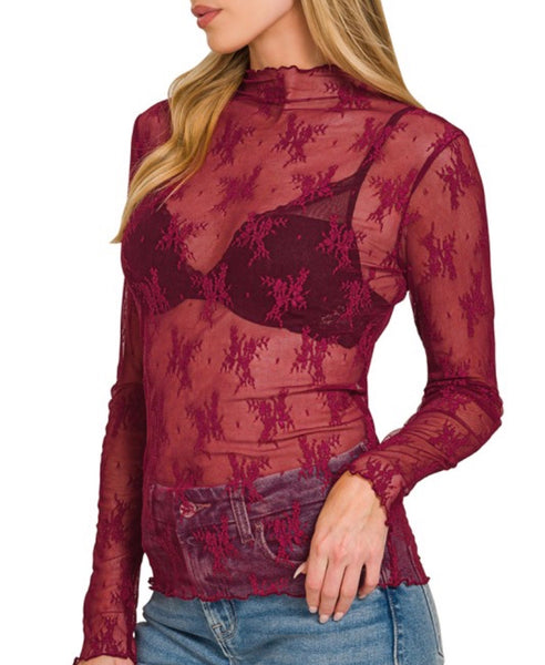Lace See - Through Top - Burgundy