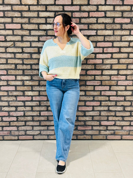 Split Neck Striped Sweater - Sea Angel