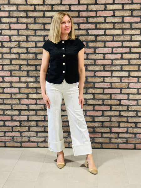 Pintuck Cuffed Wide Jeans - Cream