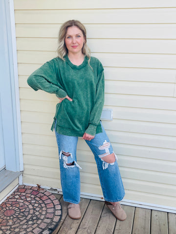 Acid Wash Sweatshirt - DK Green