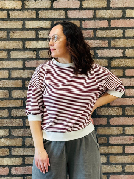 Striped Contrast Trim Top - Cabernet