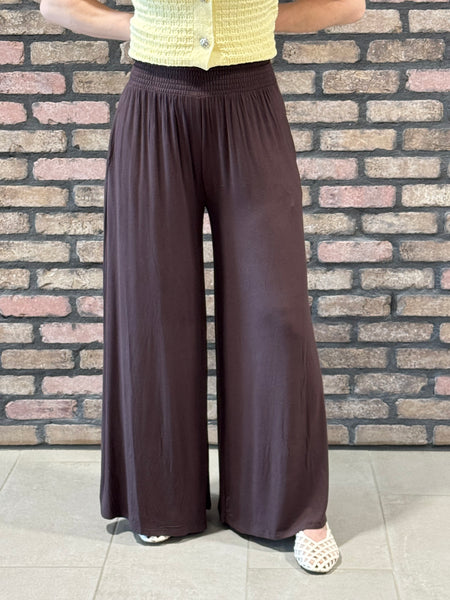 Smocked Waist Palazzo Pants - Brown