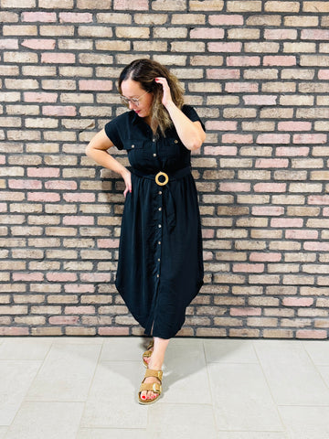 Belted Midi Dress - Black