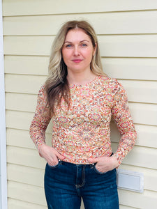 Floral Print Mesh Top - Cream/Gold